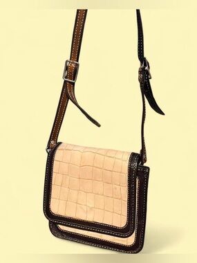 Croc-Embossed Leather Crossbody Bag in Beige and Dark Brown